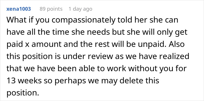 Comment discussing bereavement leave for employee after miscarriage.