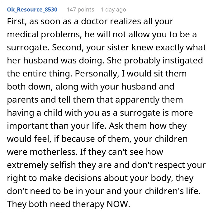 Reddit comment discussing medical concerns and family pressure on a woman planning a hysterectomy. Reddit comment discussing medical concerns and family pressure on a woman planning a hysterectomy.