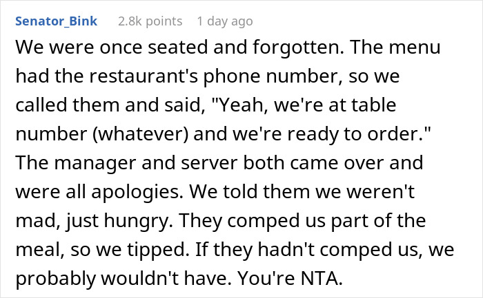 Screenshot of a Reddit comment discussing being forgotten by staff at a restaurant and not tipping. Screenshot of a Reddit comment discussing being forgotten by staff at a restaurant and not tipping.