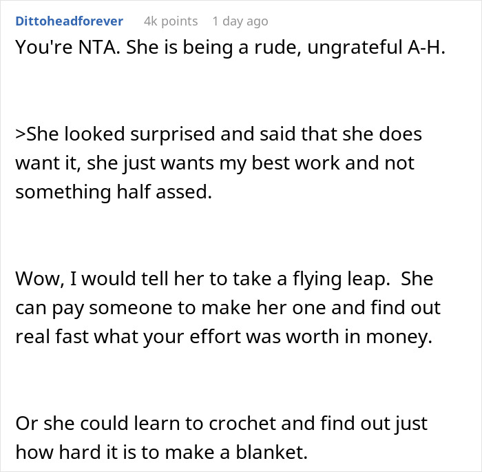 Text discussing demands about handmade gift, with comments on gratitude and value. Text discussing demands about handmade gift, with comments on gratitude and value.