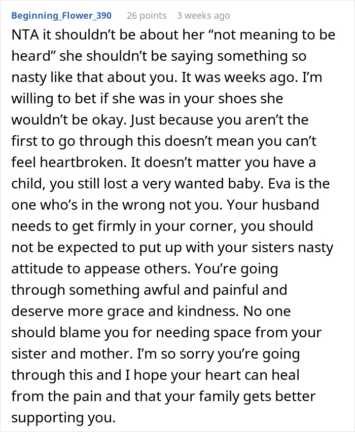 Text screenshot discussing a mean comment about miscarriage; emphasizes kindness and support for grieving sister. Text screenshot discussing a mean comment about miscarriage; emphasizes kindness and support for grieving sister.