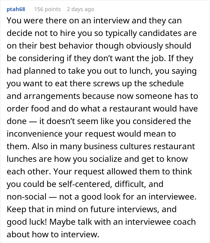 Comment discussing a company rejecting a candidate for preferring in-office lunch.