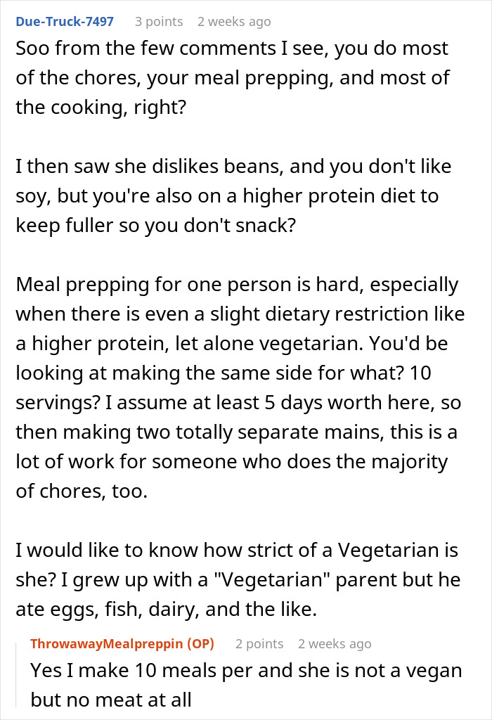 Reddit discussion on vegetarian meal prep challenges and dietary preferences. Reddit discussion on vegetarian meal prep challenges and dietary preferences.
