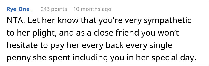 Reddit comment discussing refusal to pay for wedding after being uninvited.