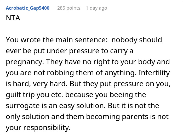 Reddit comment discussing pressure on a woman to be a surrogate after planning a hysterectomy. Reddit comment discussing pressure on a woman to be a surrogate after planning a hysterectomy.