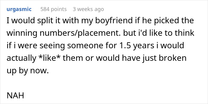 Comment about splitting raffle winnings with a boyfriend in a discussion of $500 prize.