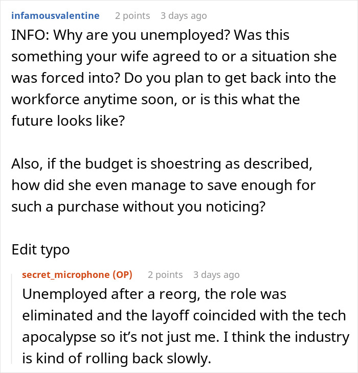 Reddit user discussion on an expensive unwanted gift and unemployment.