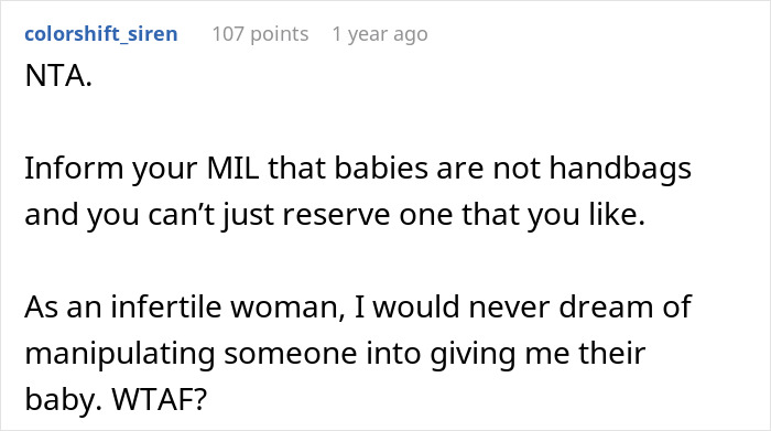 Reddit comment defending mom's decision to keep her baby from grandmother.