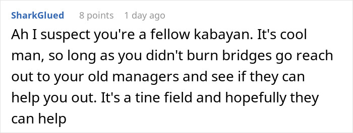 Comment text discussing reconnecting with managers after leaving a job.