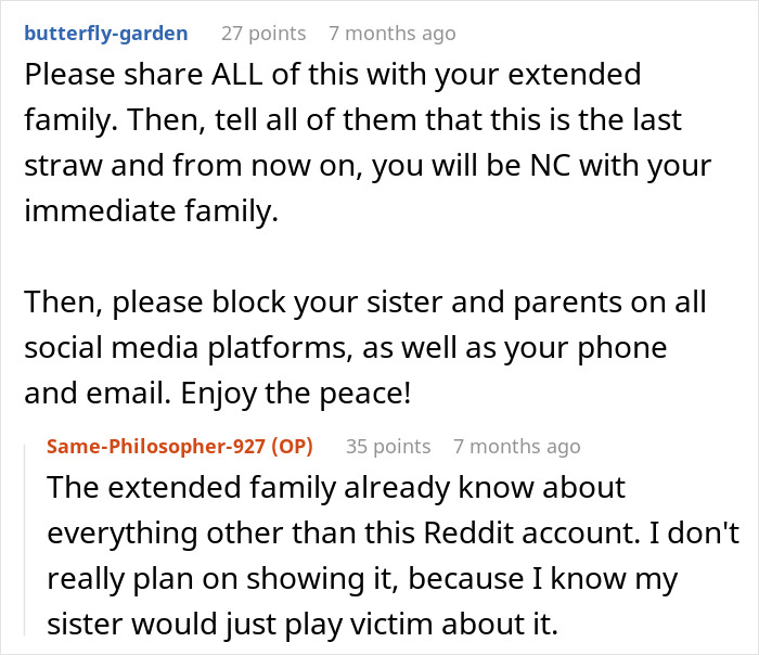 Reddit discussion about family conflict involving spoiled behavior and social media boundaries. Reddit discussion about family conflict involving spoiled behavior and social media boundaries.