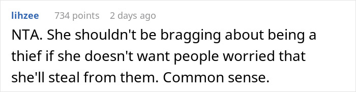 Text comment discussing concerns about a thief possibly stealing, highlighting common sense. Text comment discussing concerns about a thief possibly stealing, highlighting common sense.