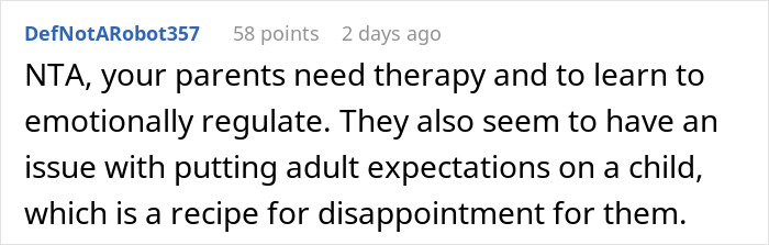 Text response criticizing parents, suggesting they need therapy and better emotional regulation.