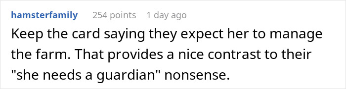 Reddit comment discussing MIL&rsquo;s conflicting expectations about managing a farm versus needing a guardian.