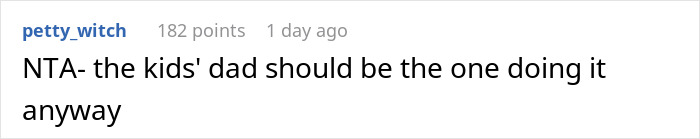Reddit comment discussing responsibility for watching kids, suggesting the dad should babysit. Reddit comment discussing responsibility for watching kids, suggesting the dad should babysit.