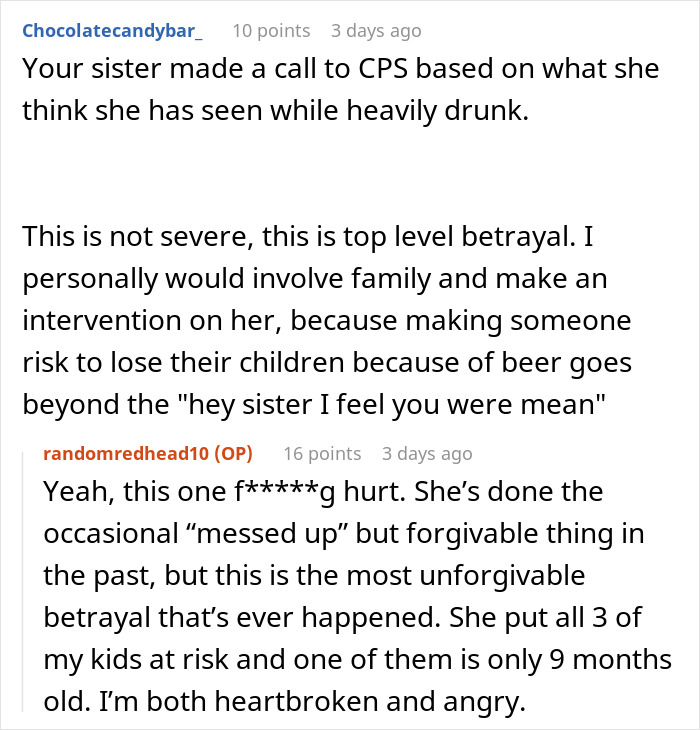 Online forum discussion about sibling betrayal after CPS call.