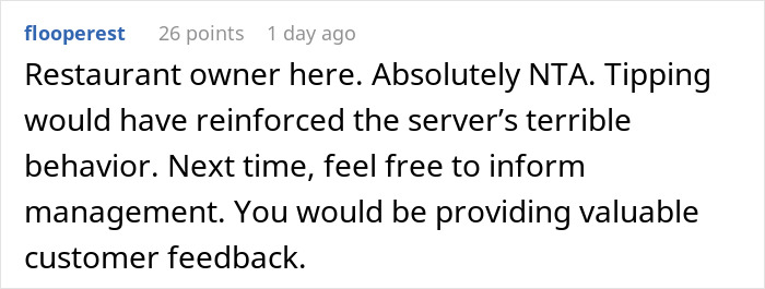 Reddit comment from a restaurant owner discussing tipping and server behavior. Reddit comment from a restaurant owner discussing tipping and server behavior.