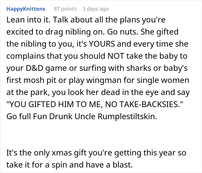 Text exchange about sibling's pregnancy announcement and Christmas gift expectations. Text exchange about sibling's pregnancy announcement and Christmas gift expectations.