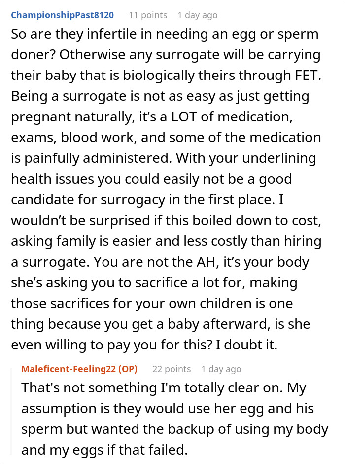 Text exchange discussing surrogacy decision after woman plans hysterectomy. Text exchange discussing surrogacy decision after woman plans hysterectomy.