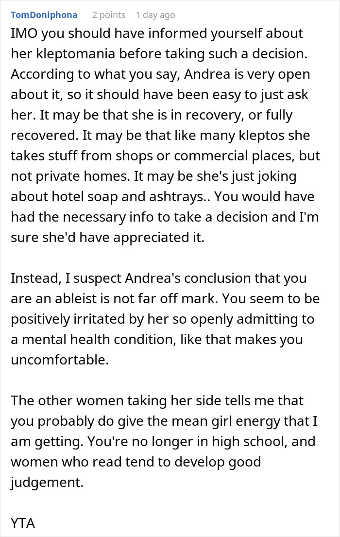 Text describing accusations of ableism and 'mean girl' behavior for refusing a kleptomaniac entry. Text describing accusations of ableism and 'mean girl' behavior for refusing a kleptomaniac entry.