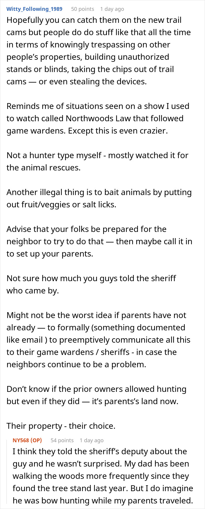 Reddit thread discussing entitled neighbor issues, calling police over deer hunting on private land.