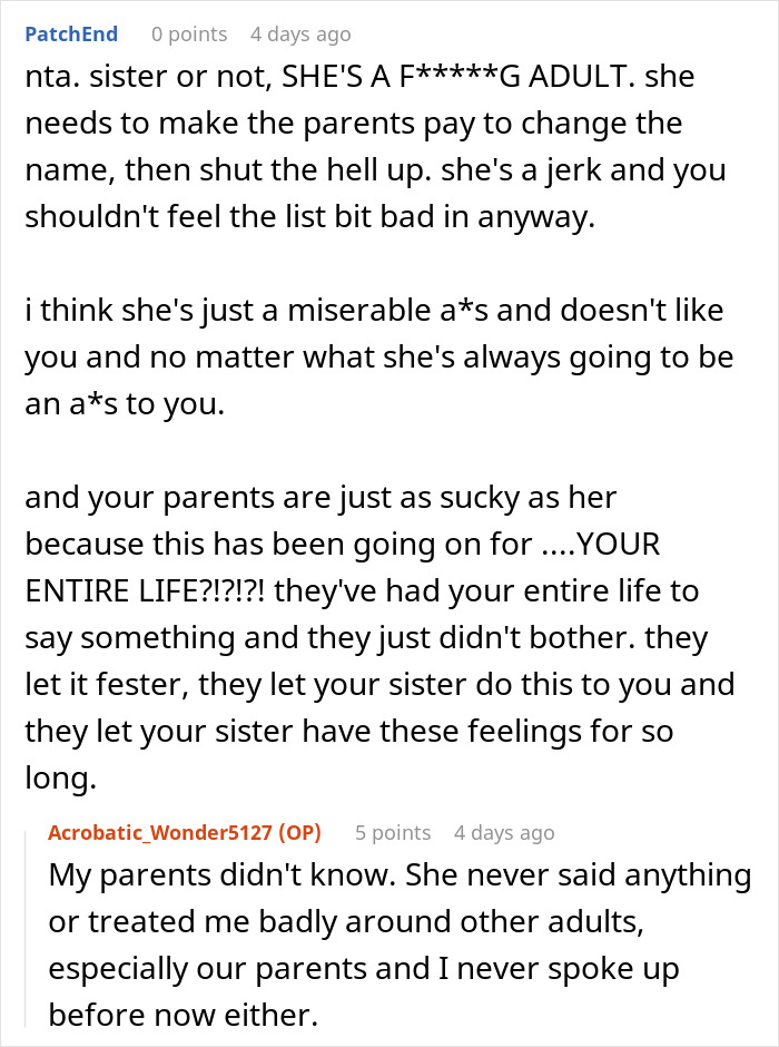26YO Holds Lifelong Grudge Against 16YO Sis For Having A Modern Name, Turns Nasty Over It