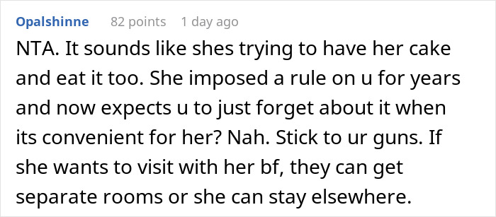 Comment discussing respect for rules about separate rooms for visiting couples.