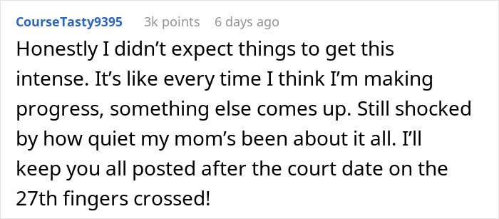 Reddit comment discussing unexpected family tension over a family heirloom court case.