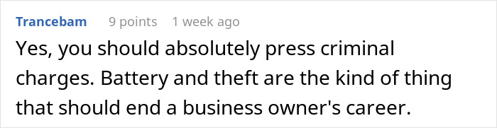 Comment discussing criminal charges for battery and theft, related to bartender attack over tipping issue.