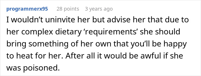 Reddit comment on sister-in-law's dietary requirements and allergies during dinner preparation. Reddit comment on sister-in-law's dietary requirements and allergies during dinner preparation.