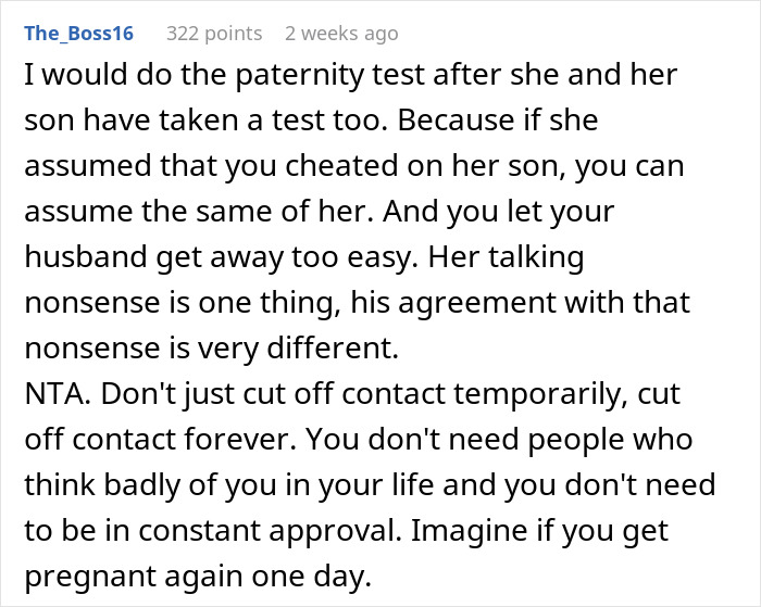 Text exchange discussing paternity test and family dynamics, focusing on skepticism from a mother-in-law.