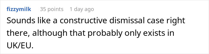 Text conversation about constructive dismissal related to a prank firing situation.