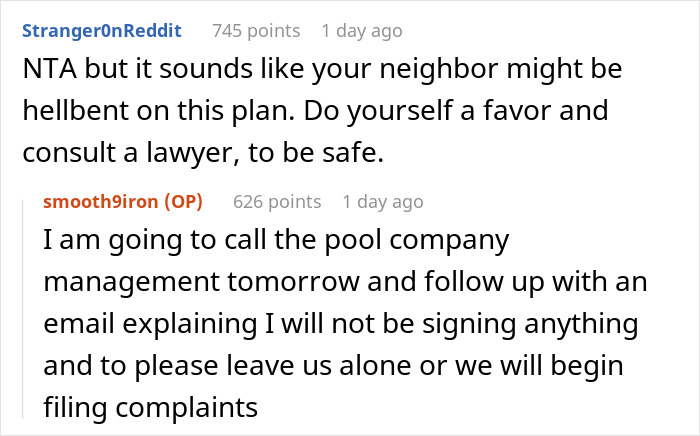 Reddit comments discussing neighbors, legal advice, and pool company management related to yard use.