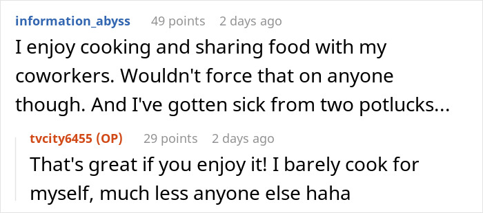 Comments discussing experiences at a company potluck, mentioning cooking and getting sick.