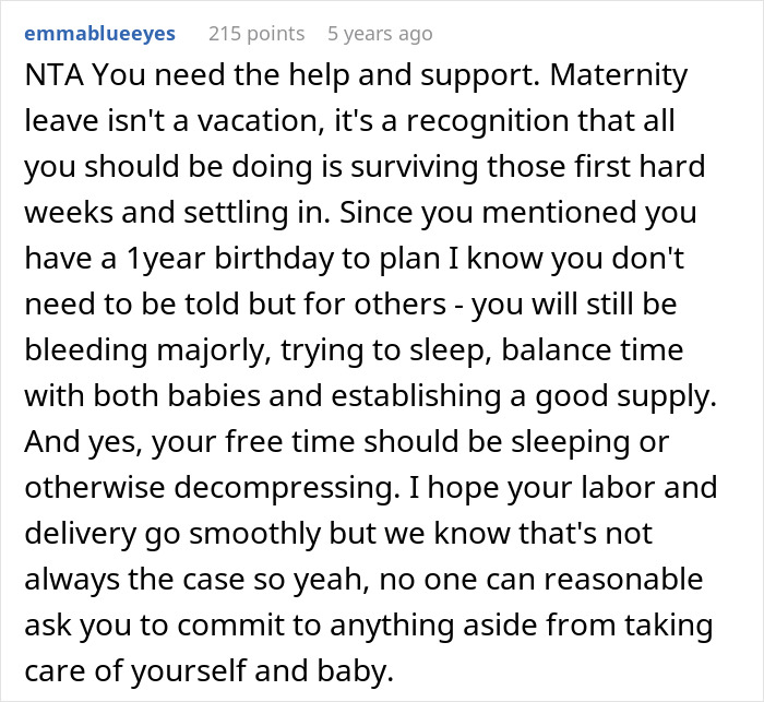 Text advising new mother on postpartum recovery and support, emphasizing rest and self-care post-delivery.