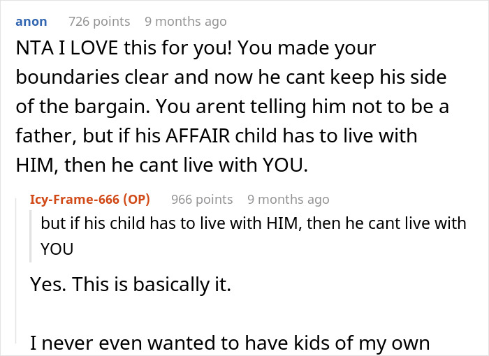 Reddit conversation discussing affair child custody issue.