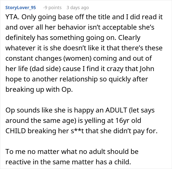 Reddit comment criticizing a teen's behavior toward her dad's new girlfriend.
