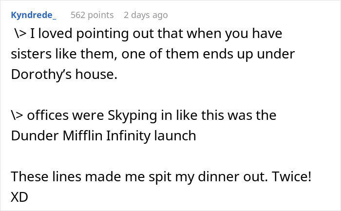 Text conversation about company appreciation potluck with humorous references to Dorothy's house and Dunder Mifflin.
