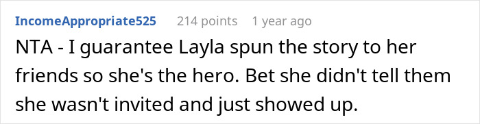 Comment questioning a couple's behavior at a dinner party, mentioning they showed up uninvited.
