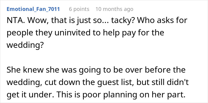 Comment criticizing planning, questioning if it's fair for uninvited guests to pay for a wedding.