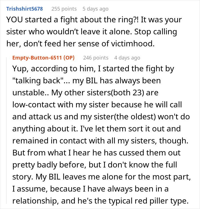 Reddit comments discussing a fight about a ring and family issues, featuring opinions on sibling relationships. Reddit comments discussing a fight about a ring and family issues, featuring opinions on sibling relationships.