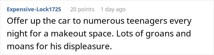 Comment about a car offered to teenagers for makeout space, causing discomfort. Comment about a car offered to teenagers for makeout space, causing discomfort.