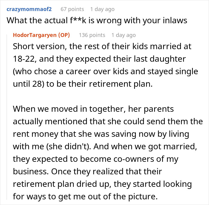 Reddit post discussing issues with in-laws trying to interfere in a couple's relationship.