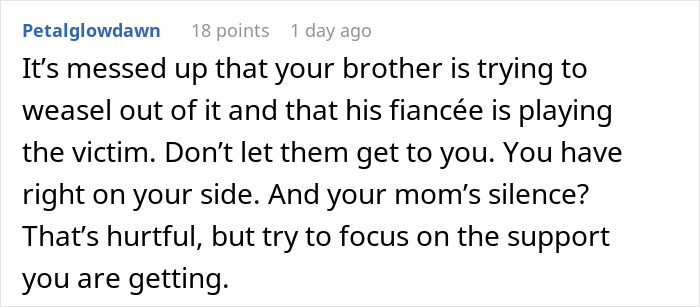 Comment discussing family feud over heirloom and support during legal dispute.