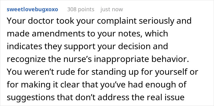 Text post about a doctor supporting a patient's complaint, highlighting a nurse's behavior during a hysterectomy appointment.