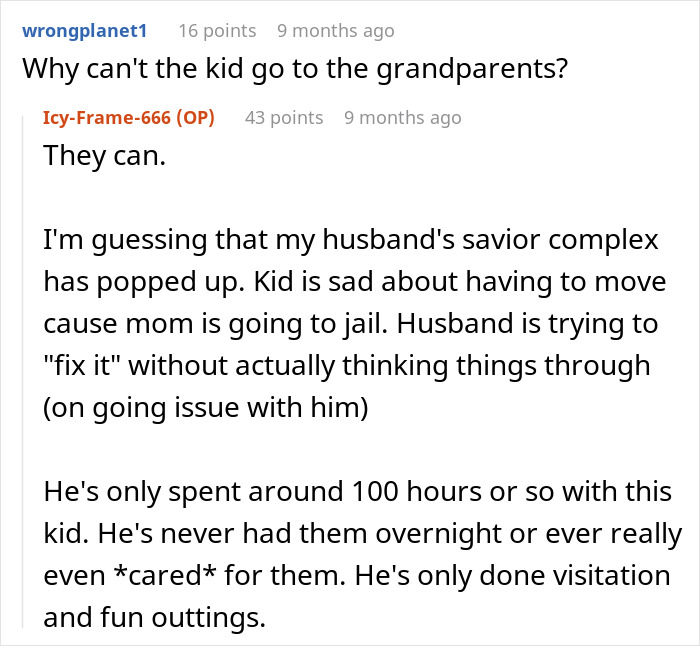 Text conversation discussing custody after child's mother is jailed; mentions husband's savior complex.