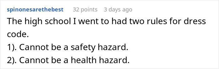 Reddit comment about school dress code with rules on safety and health hazards. Reddit comment about school dress code with rules on safety and health hazards.