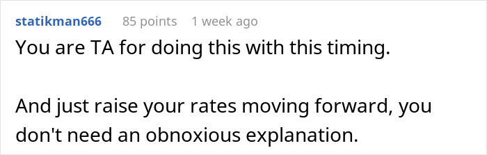 User comment on pet sitter raising rates due to extra tasks, discussing timing and justification. User comment on pet sitter raising rates due to extra tasks, discussing timing and justification.