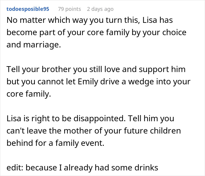 Reddit comment discussing family dynamics and wedding exclusion related to a sister-in-law.