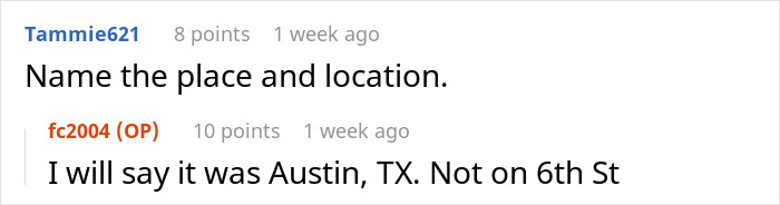 Comments discussing an incident with a bartender over tipping in Austin, TX, not on 6th Street.