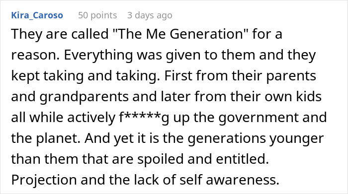 Reddit comment criticizing "The Me Generation" for being entitled and blaming younger generations. Reddit comment criticizing "The Me Generation" for being entitled and blaming younger generations.